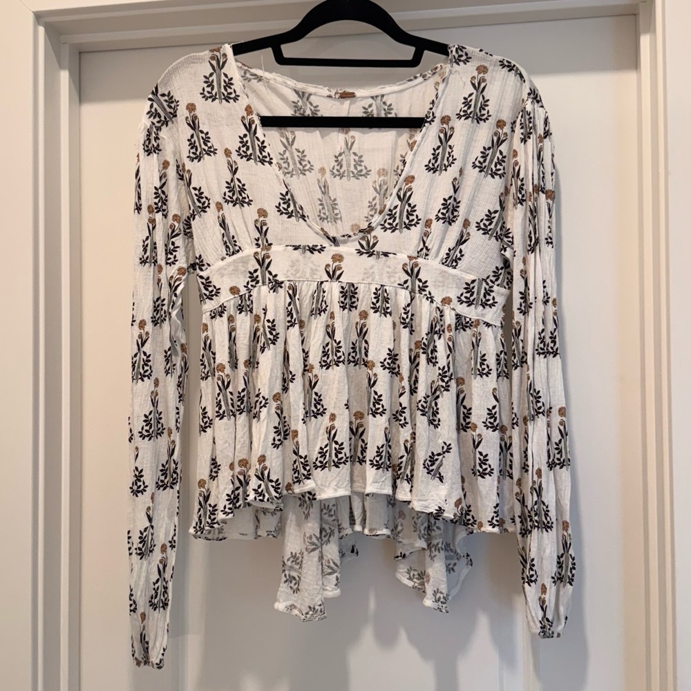 Free People White and Black Floral Blouse